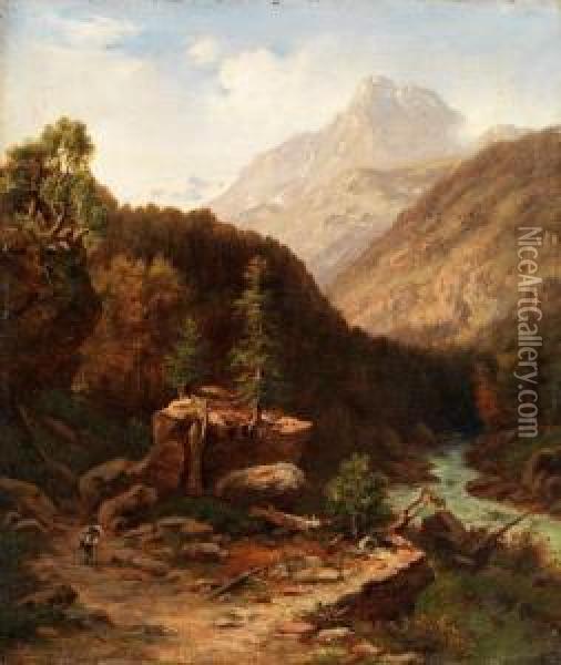 Berglandschaft Mit Bachlauf Zwischenfelsen Oil Painting - Adrian Ludwig Richter
