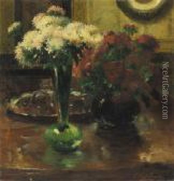 Red And White Chrysanthamums Oil Painting - Frans Mortelmans