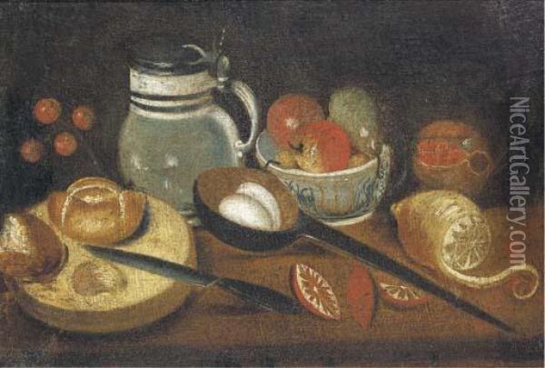 An Earthenware Tankard, A Partly-peeled Lemon, A Ladle With Eggs,apples And Pears In A Bowl, Bread And A Knife On A Table Oil Painting - Mateo Cerezo