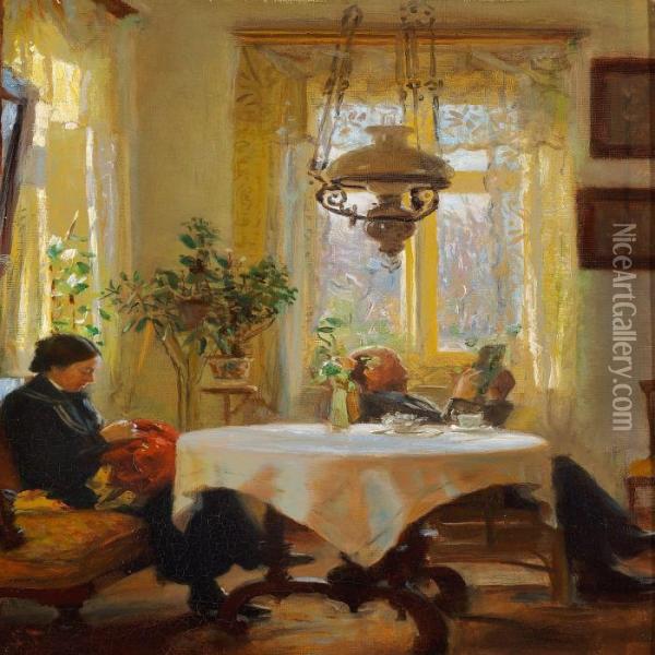 Interior With A Manreading And A Woman Sewing Oil Painting - Laurits Regner Tuxen