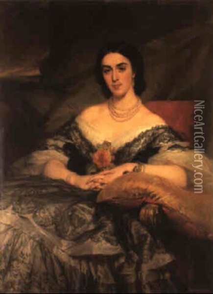 Portrait De La Marquise D'aoust, Nee De Sayve, Assise Sur Un Canape Oil Painting - Edouard Louis Dubufe