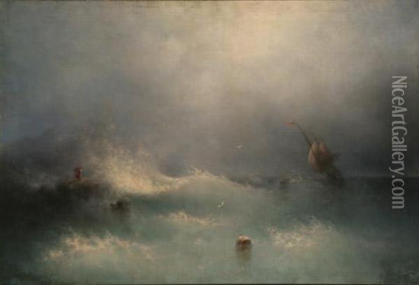 Distressed Ship Off The Black Sea Coast Oil Painting - Ivan Konstantinovich Aivazovsky