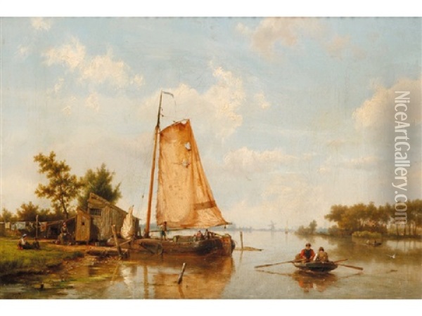 A River Landscape With Figures Beside A Boathouse Oil Painting - Hermanus Willem Koekkoek