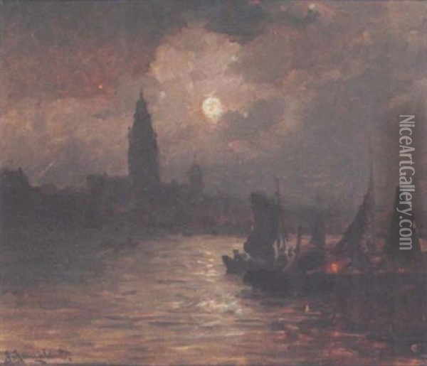 A Moonlit Harbour Oil Painting - Johann Jungblut