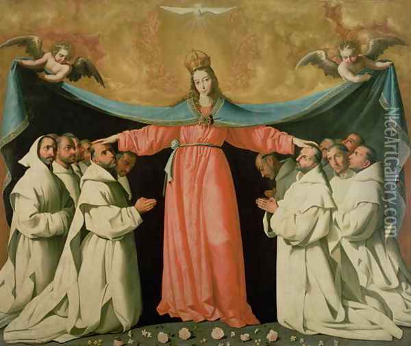 Virgin of the Misericordia Sheltering the Carthusians, c.1629 Oil Painting - Francisco De Zurbaran