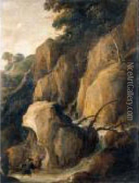 A Rocky Torrent With Fishermen Oil Painting - Joos De Momper