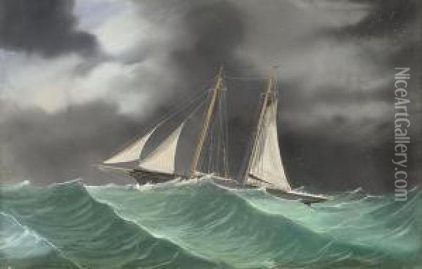 A Schooner Yacht, Under Reduced Sail, In A Lightning Storm At Sea Oil Painting - Luigi Roberto