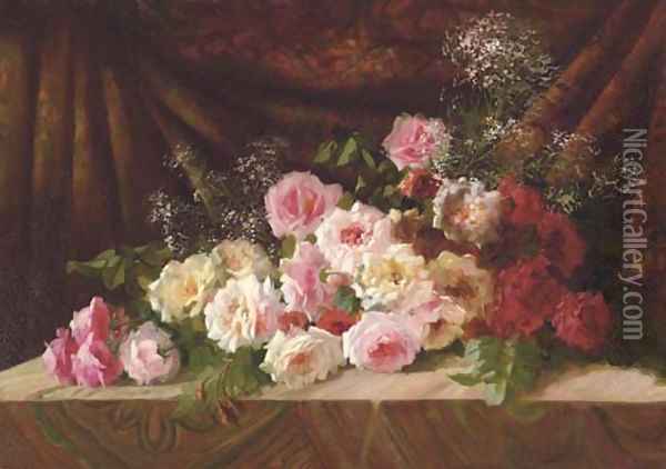 Roses and Baby's Breath on a Cloth-draped Ledge Oil Painting - Frans Mortelmans