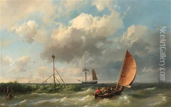 A Fishing Vessel Heading Into Open Waters Oil Painting - Hermanus Koekkoek the Elder