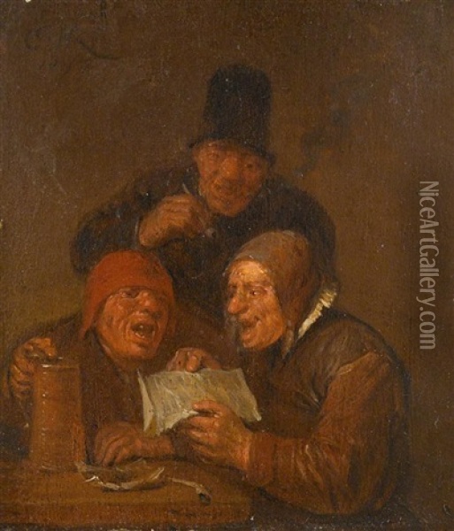 Three Men In An Interior Oil Painting - Egbert van Heemskerck the Elder