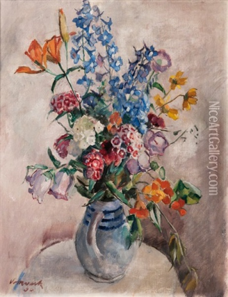 Flowers In A Jug Oil Painting - Hugo Volkwarth