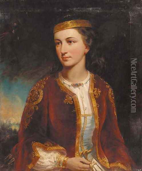Portrait of a lady, half-length, in Turkish costume Oil Painting - English School