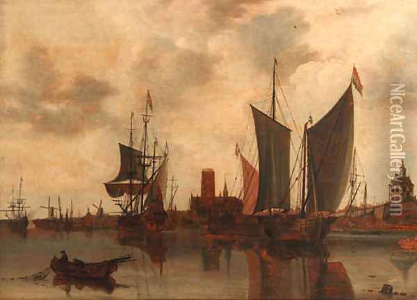 A view of Rotterdam with moored sailing vessels in the harbour, the Laurenskerk, Oude Hoofdpoort and Kruithuis beyond Oil Painting - Claesz Jansz Van Der Willigen