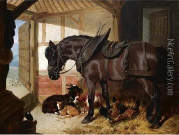 A Bay Carthorse In A Stable With Goats And Chickens Oil Painting - John Frederick Herring Snr