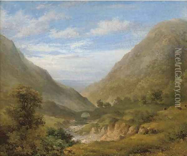 A Welsh valley, the sea beyond Oil Painting - English School