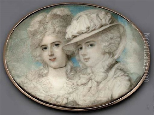 The Waldegrave Sisters: Lady Anna Horatia And Lady Charlotte Maria, Wearing White Dresses With Frilled Collar And Bows At Corsage Oil Painting - Richard Cosway