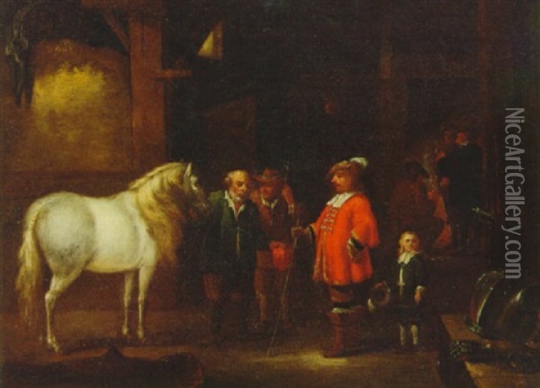 A Gentleman Inspecting A Horse In A Stable Oil Painting - Abraham Van Calraet