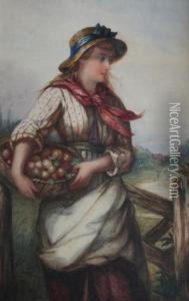 Country Girl With A Basket Of Fruit Oil Painting - Sophie Hobson