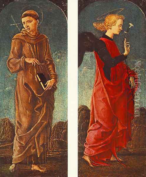 St Francis of Assisi and Announcing Angel (panels of a polyptych) c. 1475 Oil Painting - Cosme Tura