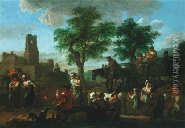 A Rustic Landscape With Peasants And A Horse And Cart, With Ruins Beyond Oil Painting - Johann Conrad Seekatz