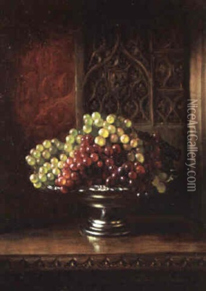 Still Life: Grapes In A Silver Basket Oil Painting - George Henry Hall