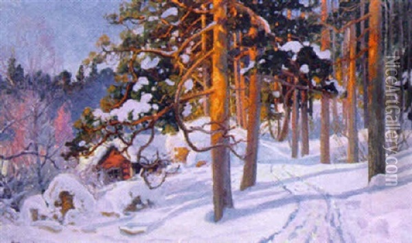 Vinterlandskkap Med Rod Stuga, Eftermiddagssol Oil Painting - Carl Brandt