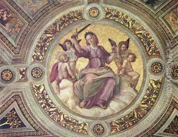 Stanza della Segnatura in the Vatican for Pope Julius II, detail, scene Justitia, Tondo Oil Painting - Raphael