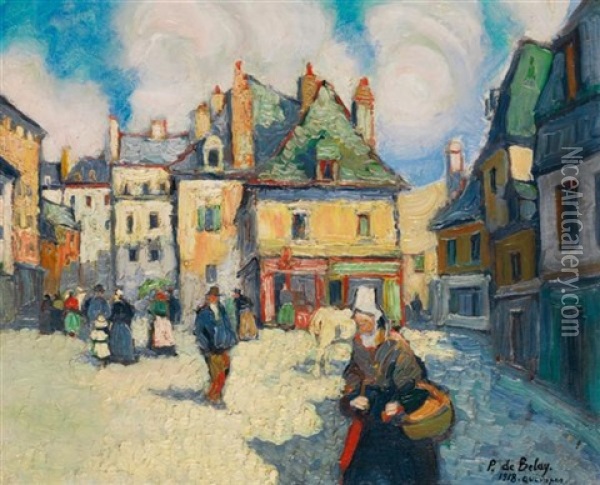 Quimper - La Place Du Terre Au Duc Oil Painting - Pierre De Belay
