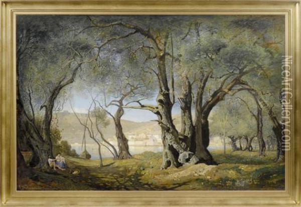 Meridional Landscape With Figures Oil Painting - Charles Samuel Delapeine