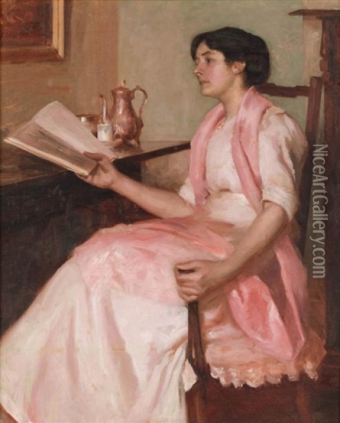 Portrait Of A Lady In A Pink Dress Reading Oil Painting - Leslie Andrew Wilkie