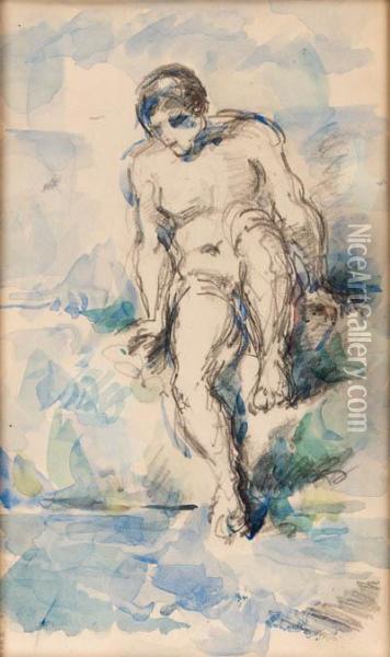 Baigneur Descendant Dans L'eau 
(bather Entering The Water; Recto);etude De Baigneur (study Of A Bather;
 Verso) Oil Painting - Paul Cezanne
