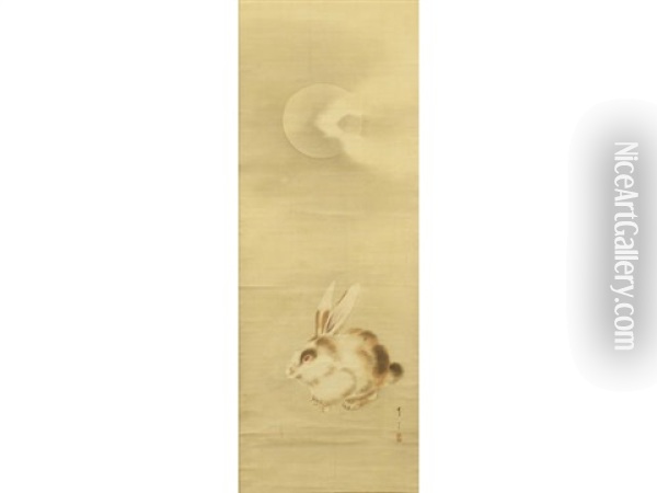 An Amber-eyed Fat Brown Piebald Hare Seated Beneath The Full Moon Partially Hidden By Wisps Of Clouds Oil Painting - Shotei Watanabe