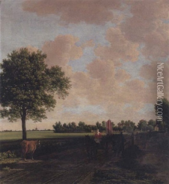 Landscape With A Peasant Woman Driving A Cart Oil Painting - Joris van der Hagen