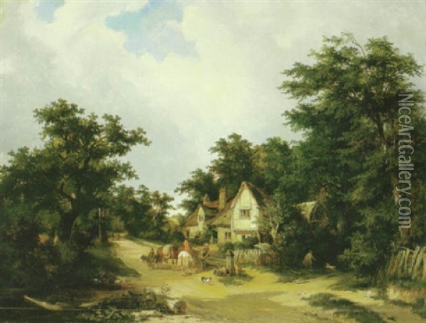 A Country Road With A Figure On Horseback And Others Gathered Around Outside A Cottage In The Foreground Oil Painting - Henry John Boddington