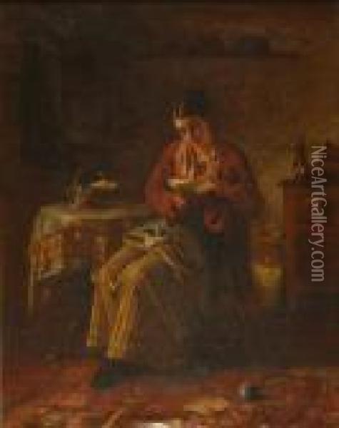 Young Woman Sitting, Reading A 
Letter, Her Knittingforgotten In Her Lap, In A Kitchen Interior Oil Painting - William Harris Weatherhead