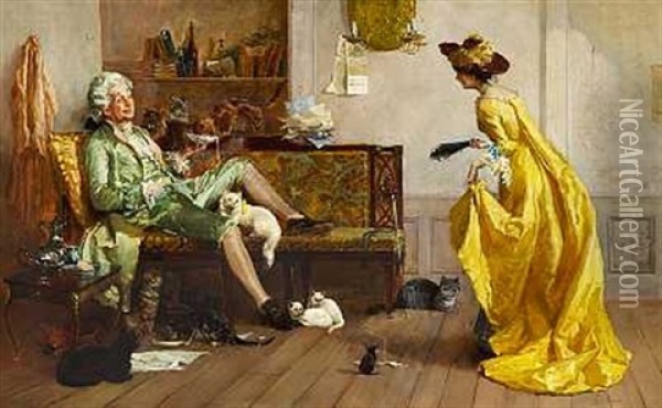 Interior Med Fornem Herre Og Dame Omgivet Af Katte Oil Painting - Percy Macquoid