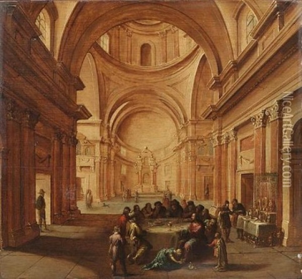A Church Interior With Christ At Supper With Simon The Pharisee Oil Painting - Hans Jurriaensz van Baden