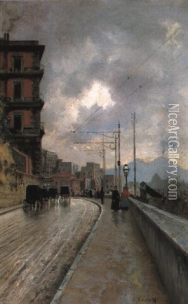 A Street Scene, Naples Oil Painting - Attilio Pratella
