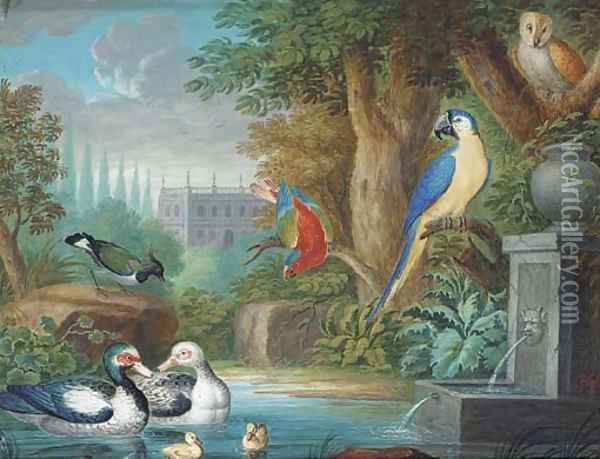 Parrots, ducks and an owl before an Italianate villa (illustrated); and Exotic birds on a riverbank Oil Painting - Continental School