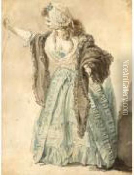Jeune Femme Au Chale Et A La Robe Bleue Oil Painting - Augustin de Saint-Aubin