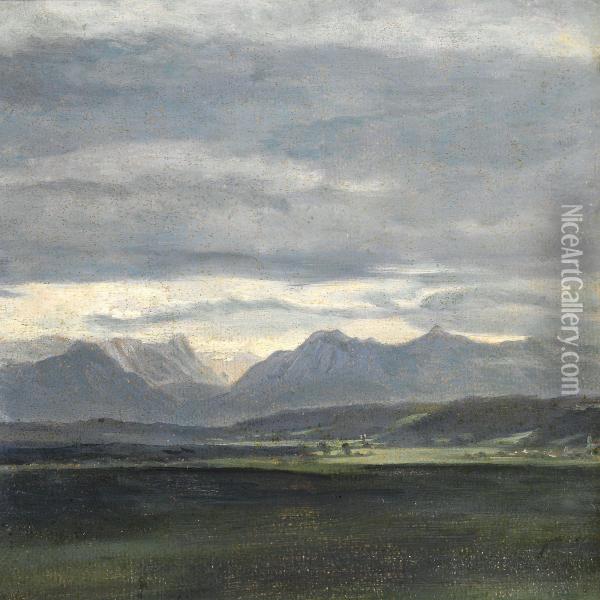 Study Of A Landscape With Powder Blue Sky Over Mountains Oil Painting - Johan Christian Clausen Dahl