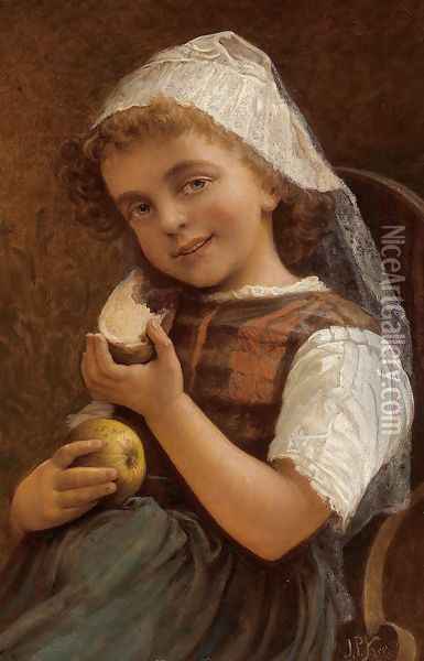 Girl with a Slice of Bread and an Apple Oil Painting - Jan Pomian Kruszynski