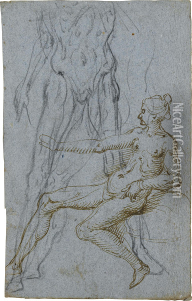 A Seated Female Nude And Another Partial Study Of Astanding Nude Oil Painting - Alessandro Casolani
