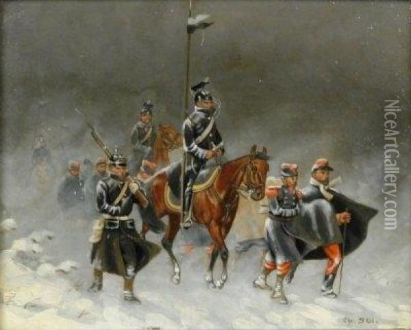 Army Approaching In Winter. Signed Bottom Right: Chr. Sell Oil Painting - Christian Ii Sell