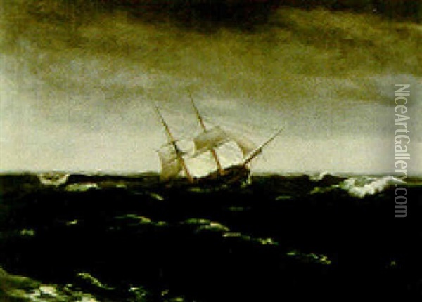 A Brig In Rough Waters Oil Painting - Thomas Birch