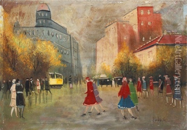 Herbstliche Strasenszene In Budapest Oil Painting - Antal Berkes