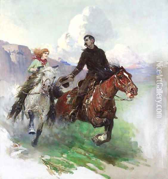 Riding Hard with Two Shooters Oil Painting - Frank Tenney Johnson
