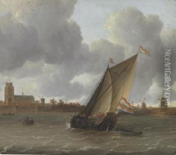 Sailing On The River Maas Near Dordrecht Oil Painting - Hieronymous Van Diest