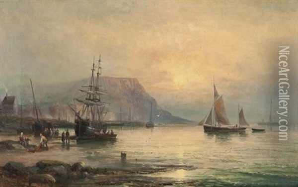 A Fishing Harbor At Sunset Oil Painting - Charles Thornley