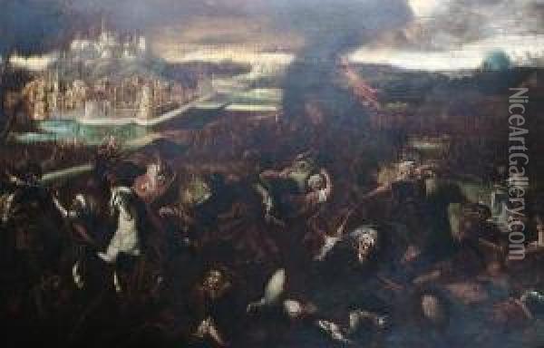 A Cavalry Battle Between Christians And Turks, A Walled City Beyond Oil Painting - Joseph Heinz